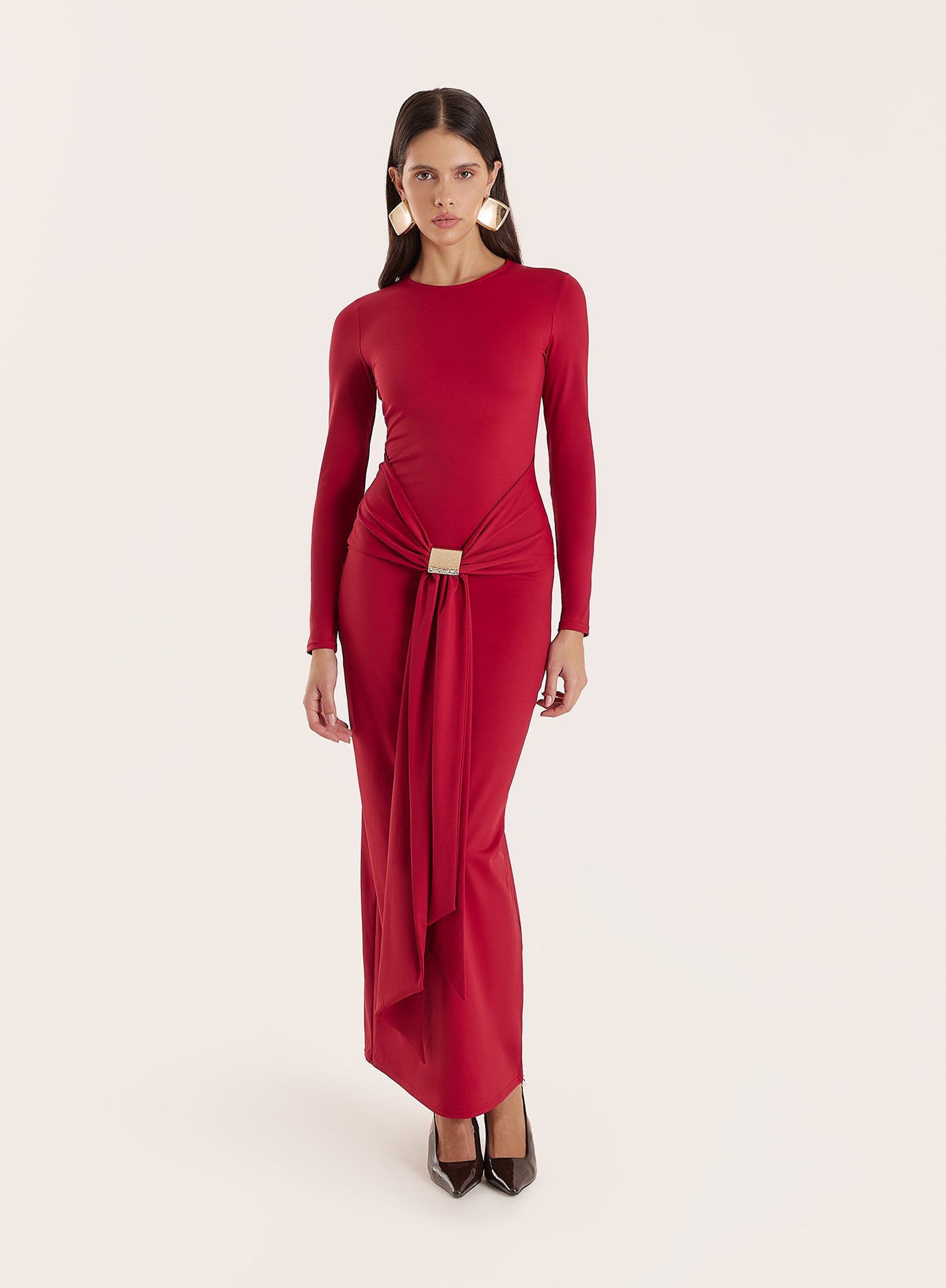 Red Jersey Hardware Waist Detail Maxi Dress